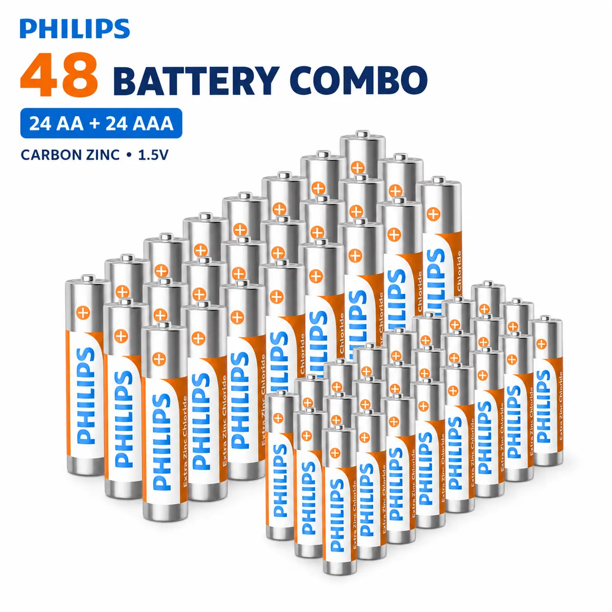 PHILIPS Carbon Zinc AA & AAA Batteries Combo Pack, 48-Pack (24 AA + 24 AAA) 1.5V Single-Use Low-Drain Replacement Batteries for Everyday Household Devices