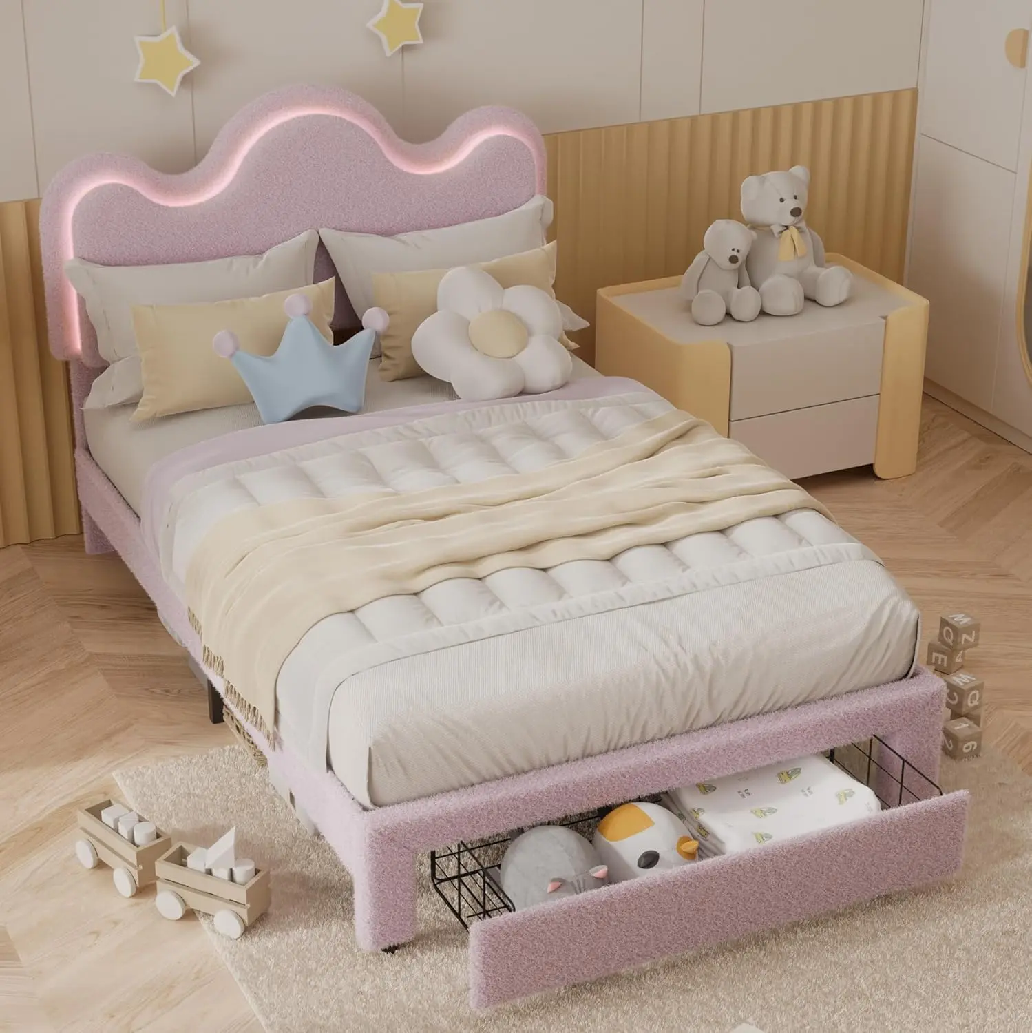 【Christmas Gift】Pink Double Bed Bed Frame With Flower Headboard Upholstered Princess Bed Frame For Kids/Girls LED Platform Bed Frame With Drawers Strong, Solid Wood Slats Support,No Box Spring Needed, Easy Assembly