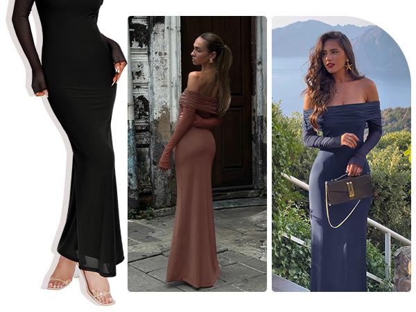 REORIA Women's Off Shoulder Long Sleeve Dress Elegant Sexy Stretch Mesh Double Lined Slim Trendy Long Dresses for Women