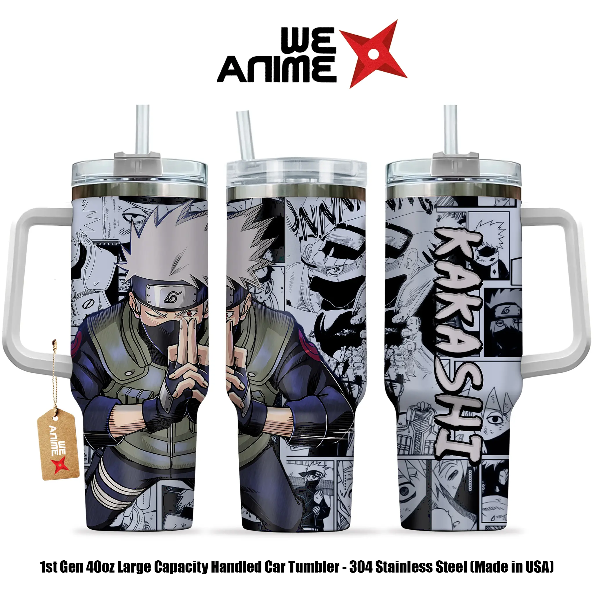 WEXANIME Kakashi Hatake Copy Ninja Personalized 20oz 40oz Stainless Steel Tumbler with Handle, Double Wall Vacuum Insulated Travel Mug, Leakproof Thermal Coffee Cup, Reusable Gift for Naruto Fans