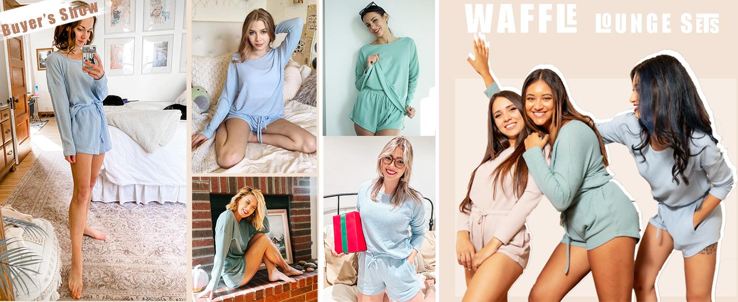 EKOUAER Womens Waffle Knit  Sets Long Sleeve Top and Shorts Matching Lounge Set Loungewear Sweatsuit with Pockets