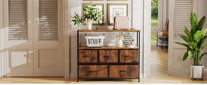 Cupboards Cabinets Entertainment Center with 5 Fabric Drawers, Media Console Table Storage Shelf for Bedroom/Living Room/Hallway, TV Stand