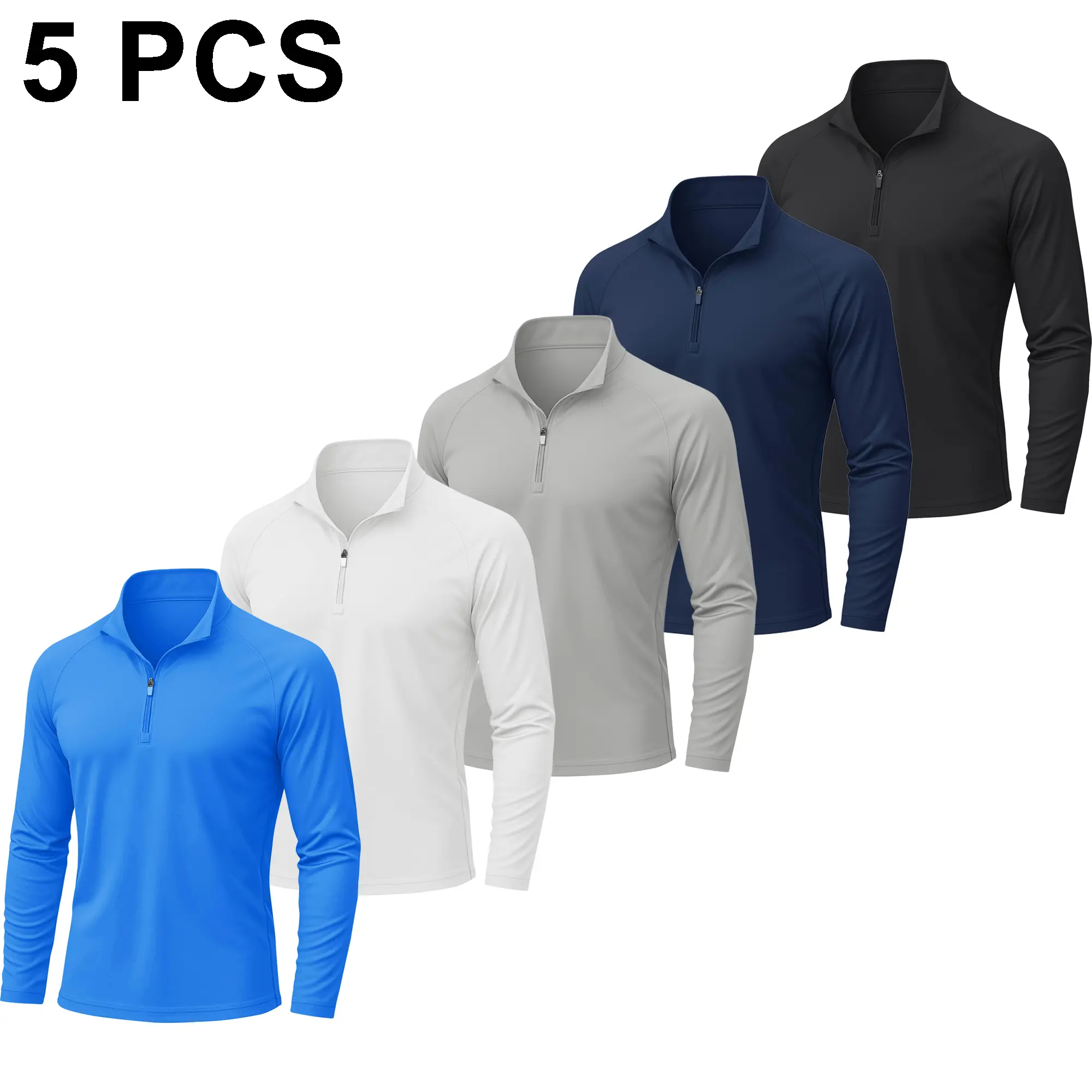 Men's Polyester Full Length Athletic Shirts, 1/3/5 Pack 1/4 Pullover Zip Rash Guard with UPF 50+ Sun Protection for Outdoor Running, Male Sportswear