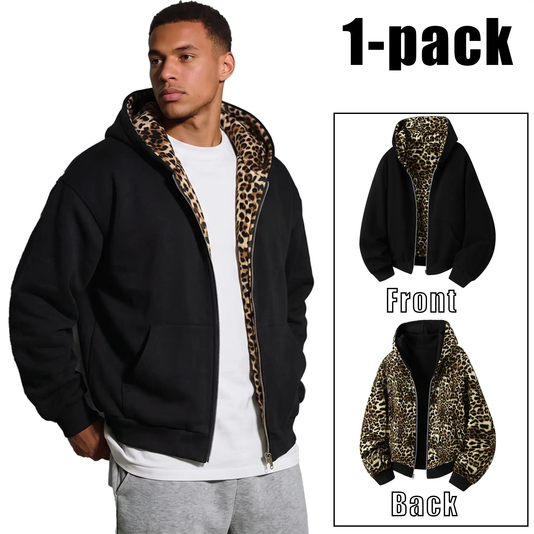 Unisex cotton zip-up hoodie sweatshirt with leopard lining, wearable on both sides;  loose long-sleeve sports hooded top, retro street casual wear; menswear; suitable for everyday wear, commuting, and streetwear. fall clothes hoodies men dreaming merch