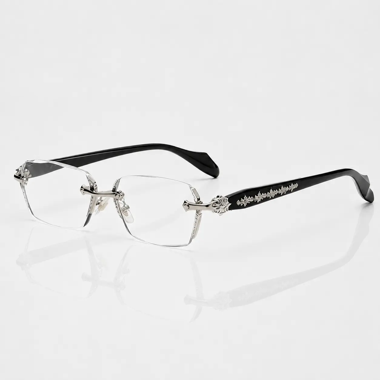 Men's Rimless Square Metal Frame Eyeglasses - Blue Light Blocking Computer Glasses with Vintage Silver Floral Carving for Business Use, High Quality Eyewear