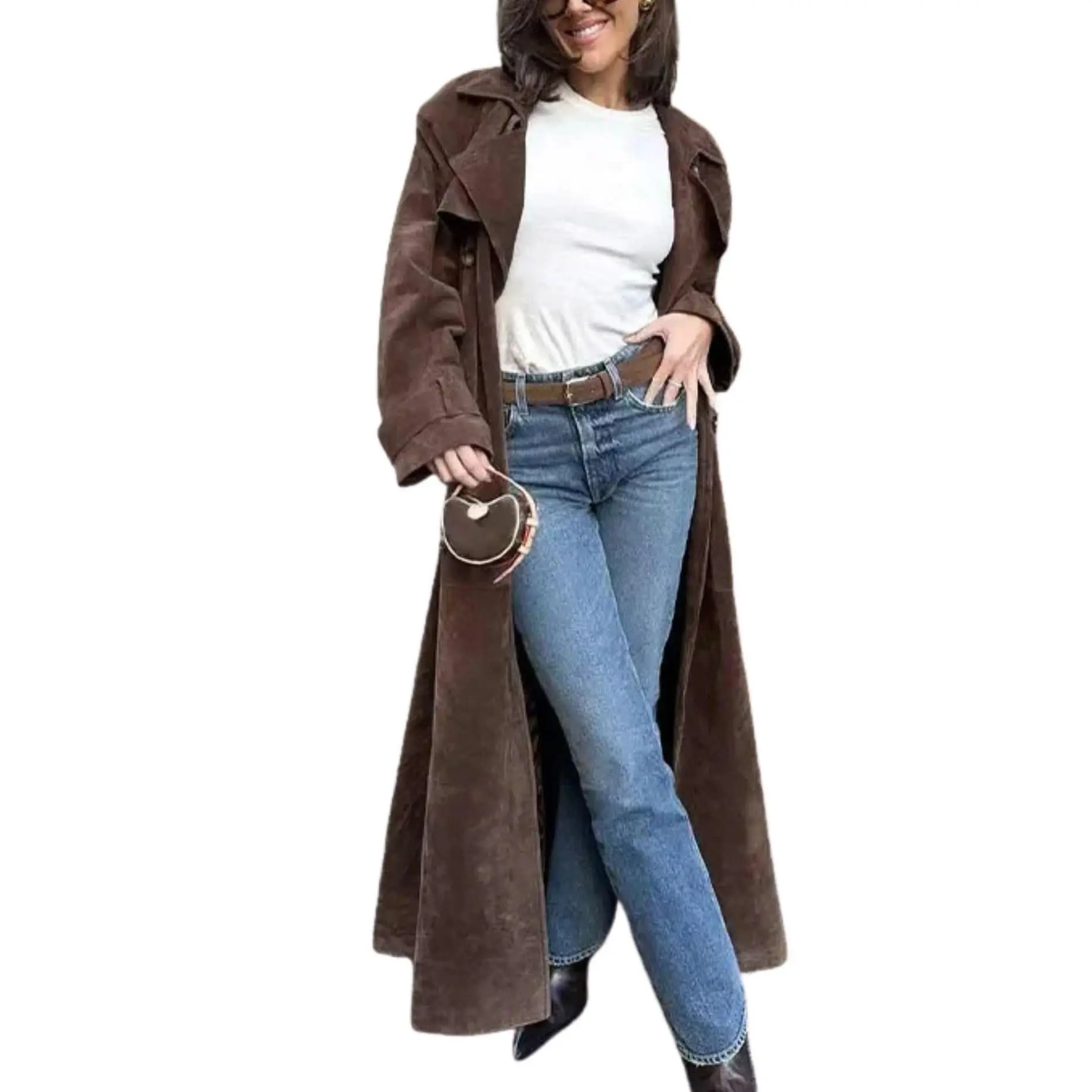 utcoco Women's Faux Suede Double-Breasted Trench Coat - Slim Fit, Longline Ankle-Length, Long-Sleeve, Notched Lapel, Belted, Retro Outerwear for Office, Wedding,clothes for back to school,first day of school outfits