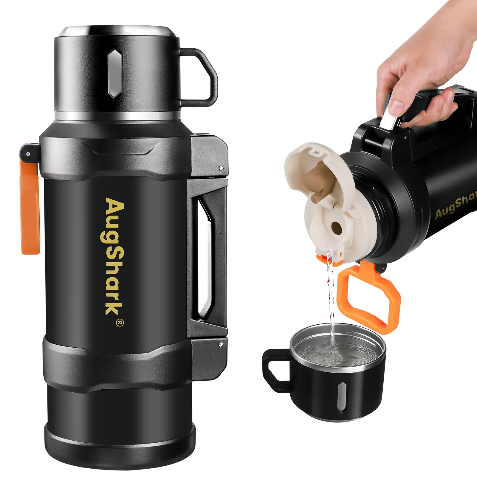 Augshark 67oz Large Capacity Portable Wide Mouth Insulated Stainless Steel Water Bottle - Leakproof Vacuum Flask with Insulated Cup, Foldable Handle, Pour Lid, Holds Ice Cubes, Keeps Cold 24H Hot 12H for Camping, Indoor Use