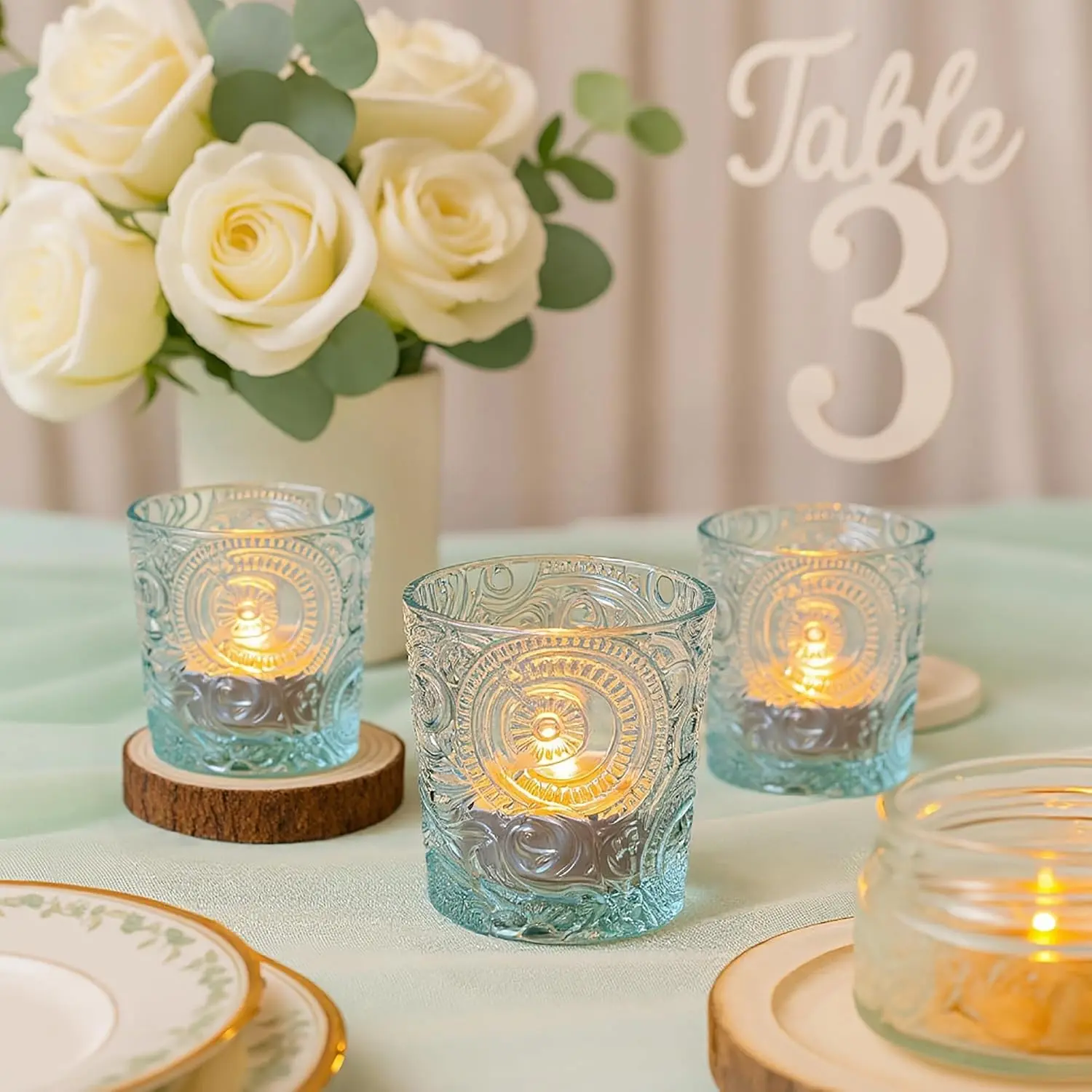 Clear Sun Moon Stars Glass Tealight Holders, 12 Pack Patented Embossed Design, Elegant Candlelight Decor, For Tealights or Mini Candles, Multiple Color Options