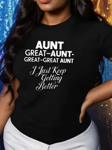 Plus Size - Plus Size Plus Size 1pc Women'S Casual T-Shirt with "AUNT GREAT AUNT GREAT GREAT AUNT" Print, Crew Neck, Short Sleeve, Drop Shoulder, Fabric, Comfort Fit, No Chest Pad, Regular Length - Spring/ Summer/ Fall Tee 0XL-4XL 0XL-4XL