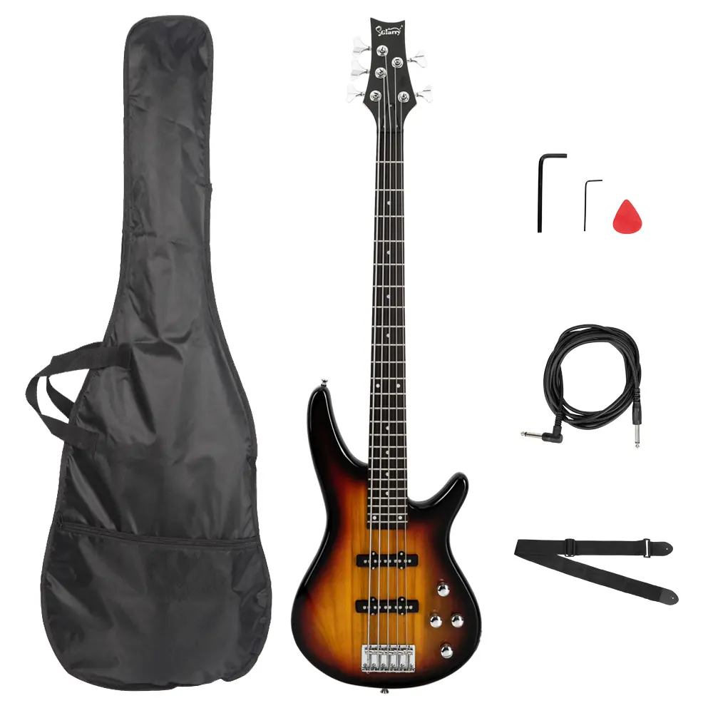 5-String Electric Bass Guitar Kit with Basswood Body, Sunset Color, Full-Size Case, Strap, Pick, Connector, Tuning Tools, Wrench & Accessories Set - Bass Guitars for Musical Instrument Enthusiasts