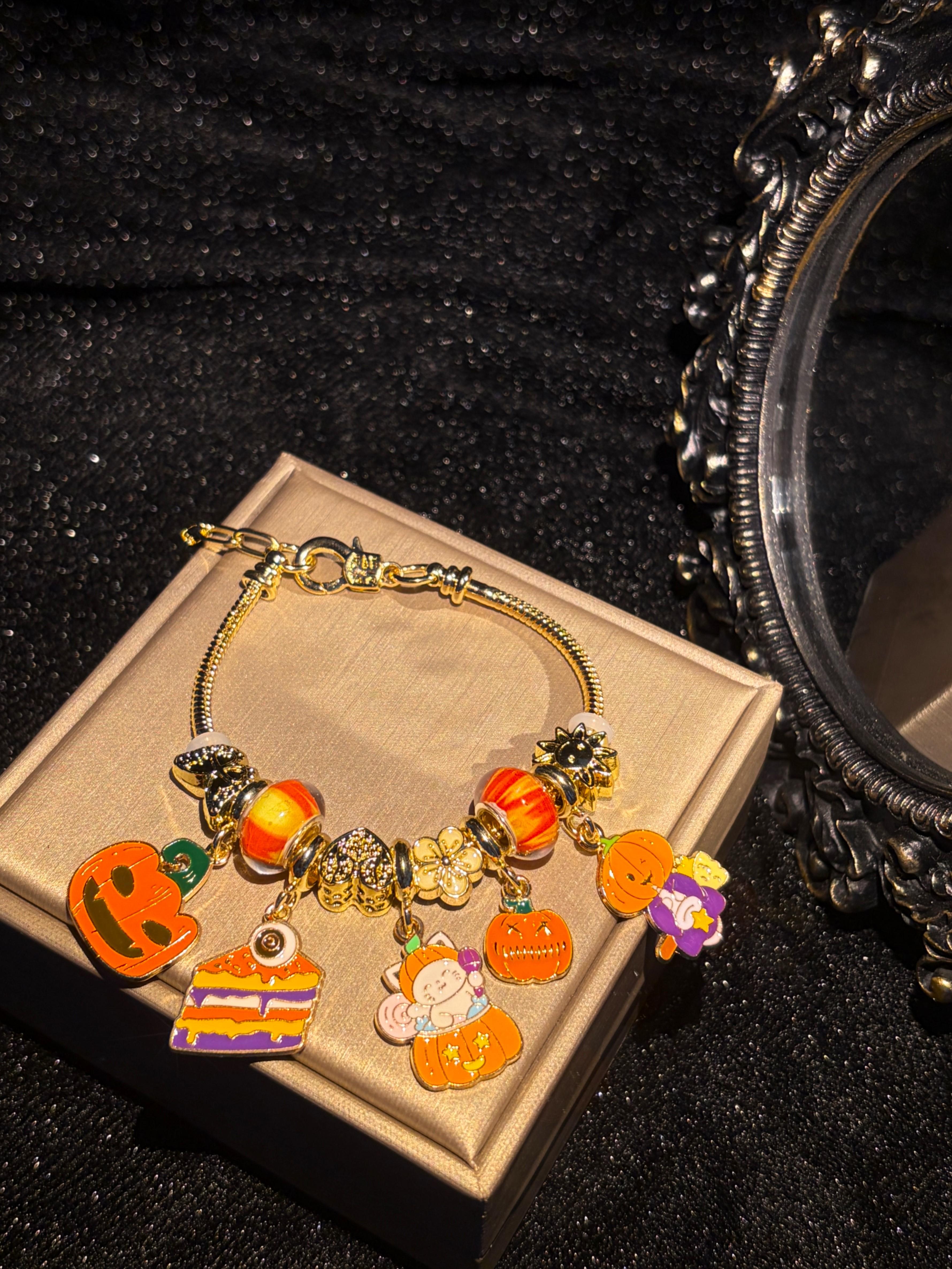 Halloween Themed Charm Bracelet, Gold-Tone Chain with Pumpkin, Kitten, Cake Enamel Charms, Festive Holiday Costume Jewelry Gift for Women Halloween Themed Charm Bracelet, Gold-Tone Chain with Pumpkin, Kitten, Cake Enamel Charms, Festive Holiday Costume Jewelry Gift for Women