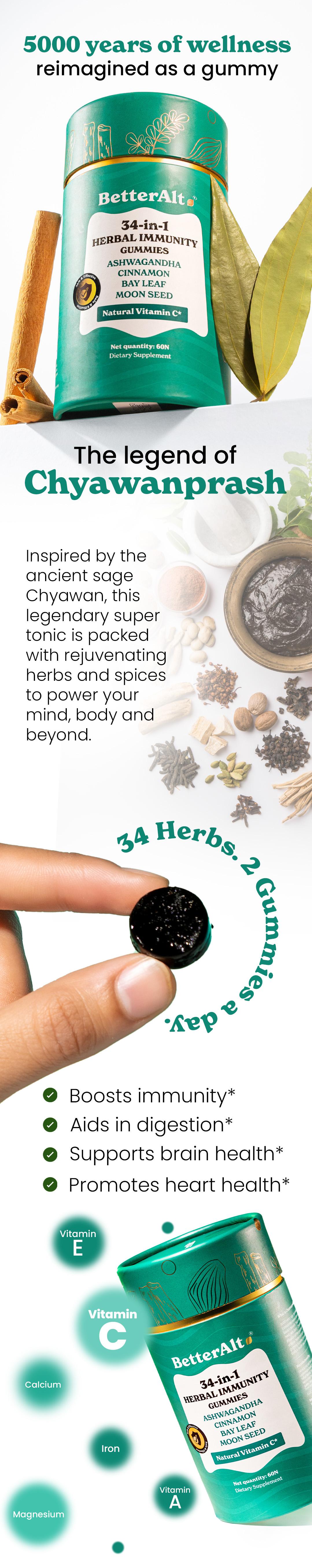 BetterAlt Sugar Free 34-in-1 Immunity Gummies | Digestive Support Supplement | Natural Vitamin C | Ashwagandha, Cinnamon, Bay Leaf | Sugar-free | 30N