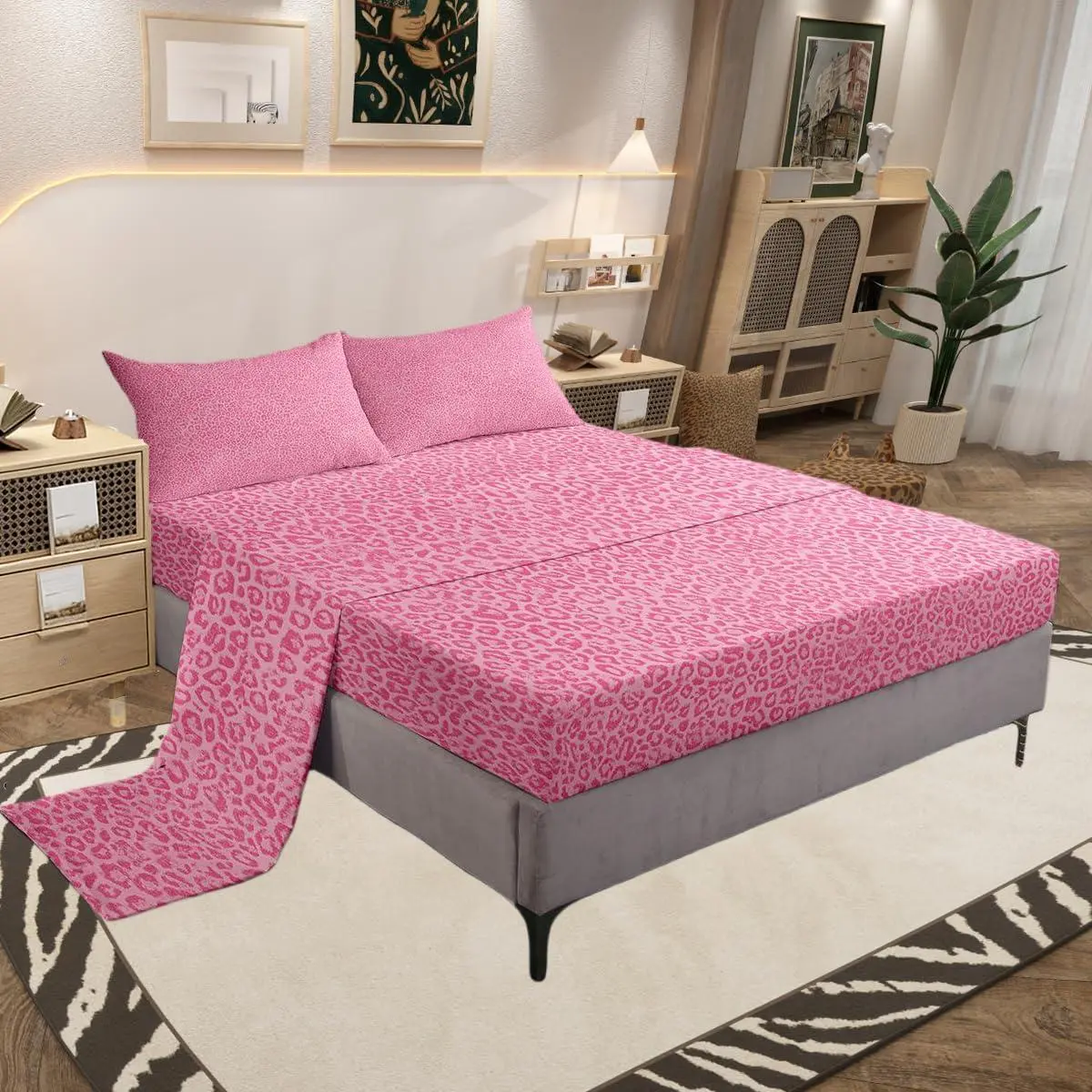 Pink Leopard Print Bed Sheets Set Cheetah Print Bed Set Modern Art Deep Pocket Fitted Sheet Safari Breathable Soft Lightweight Microfiber
