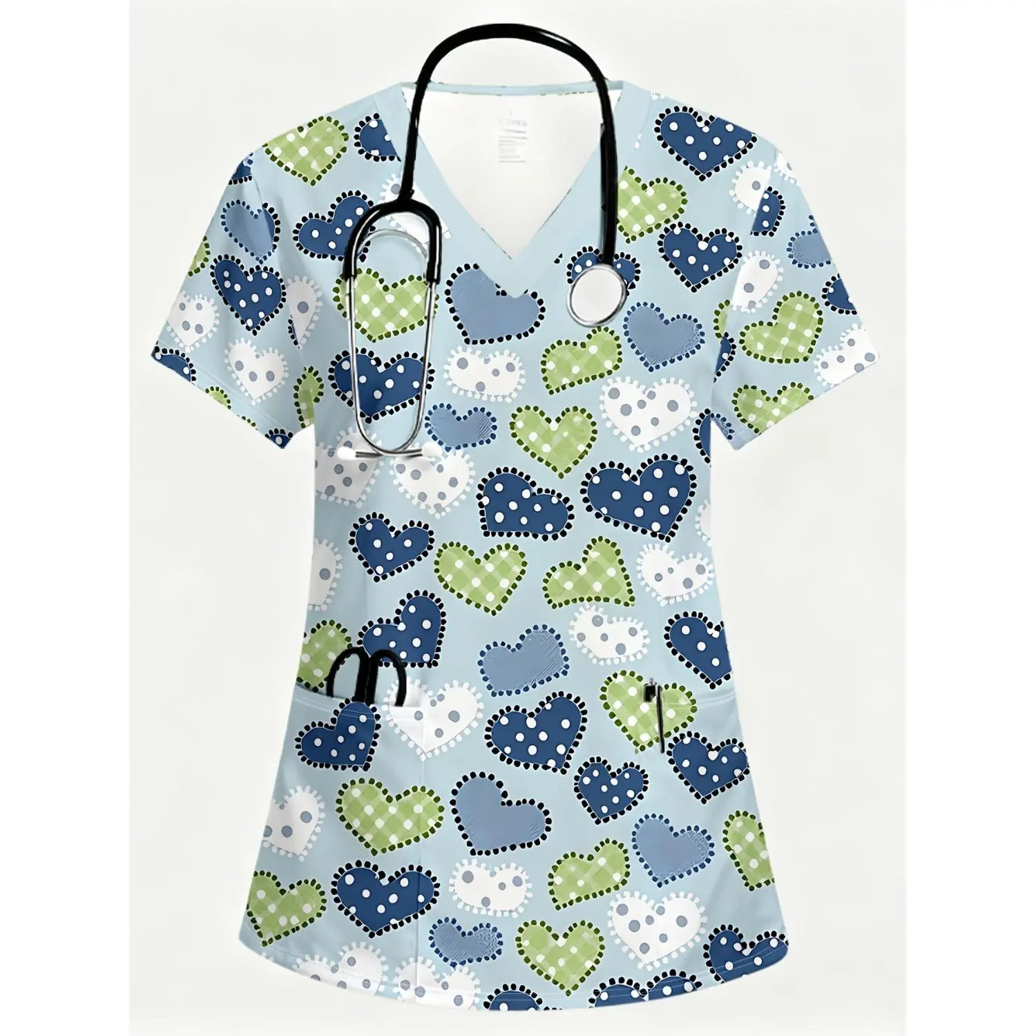 Women's V-Neck Short-Sleeve T-Shirt with Heart Print - Soft & Gift-Ready for St. Patrick's Day & Easter, Front-Detail Blouse-Compatible, Machine Washable, Perfect for Uniforms or Casual Wear (Regular Fit)