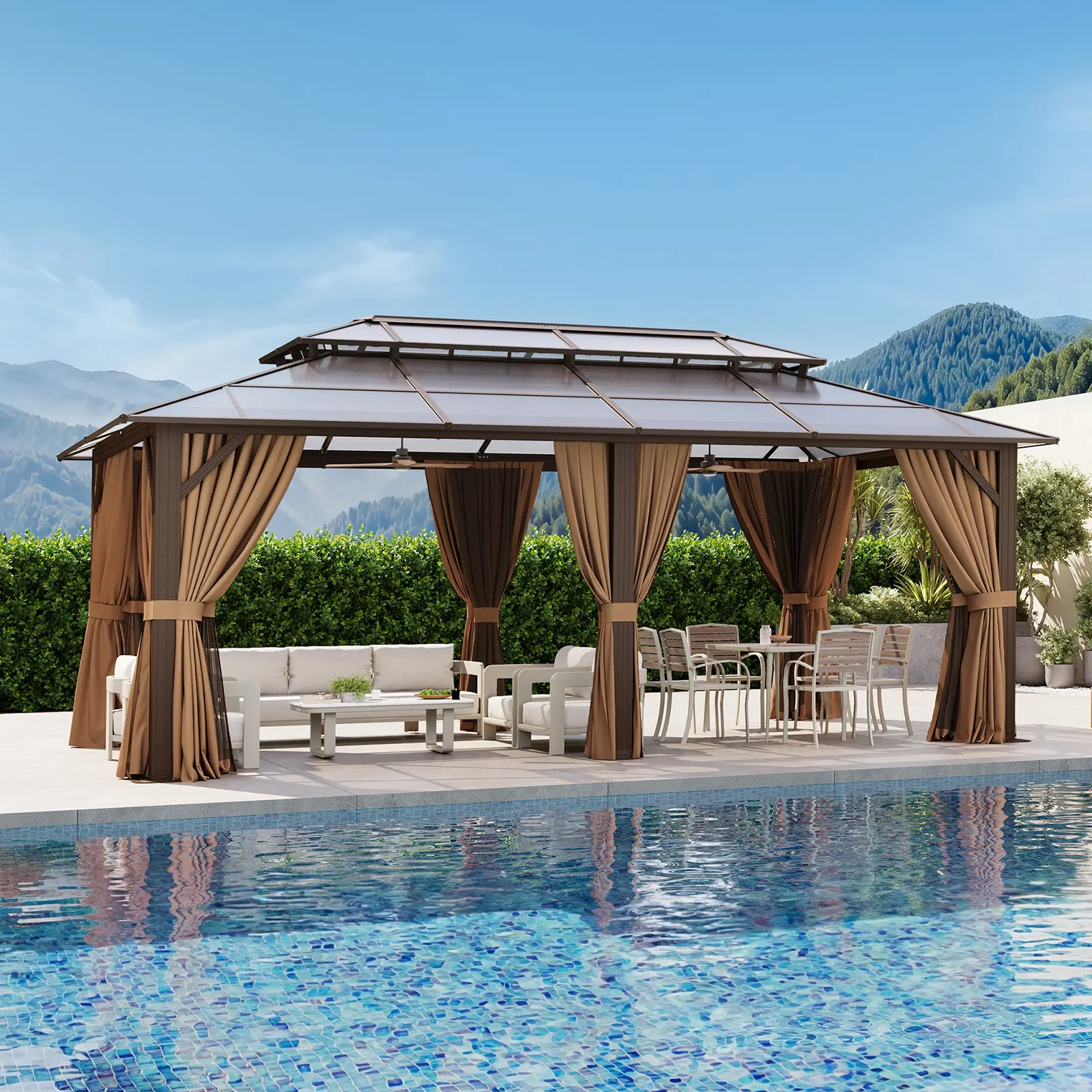 Aoxun Hardtop Gazebo (20'x12'/10'x14'/10'x12'/10'x10'), Double Wall Polycarbonate Roof Outdoor Patio Canopy, Heavy Duty Aluminum Frame with Privacy Curtains & Mosquito Net, All Season Wind Snow UV Resistant Backyard Pavilion, Multi-Size, Requires Assembly