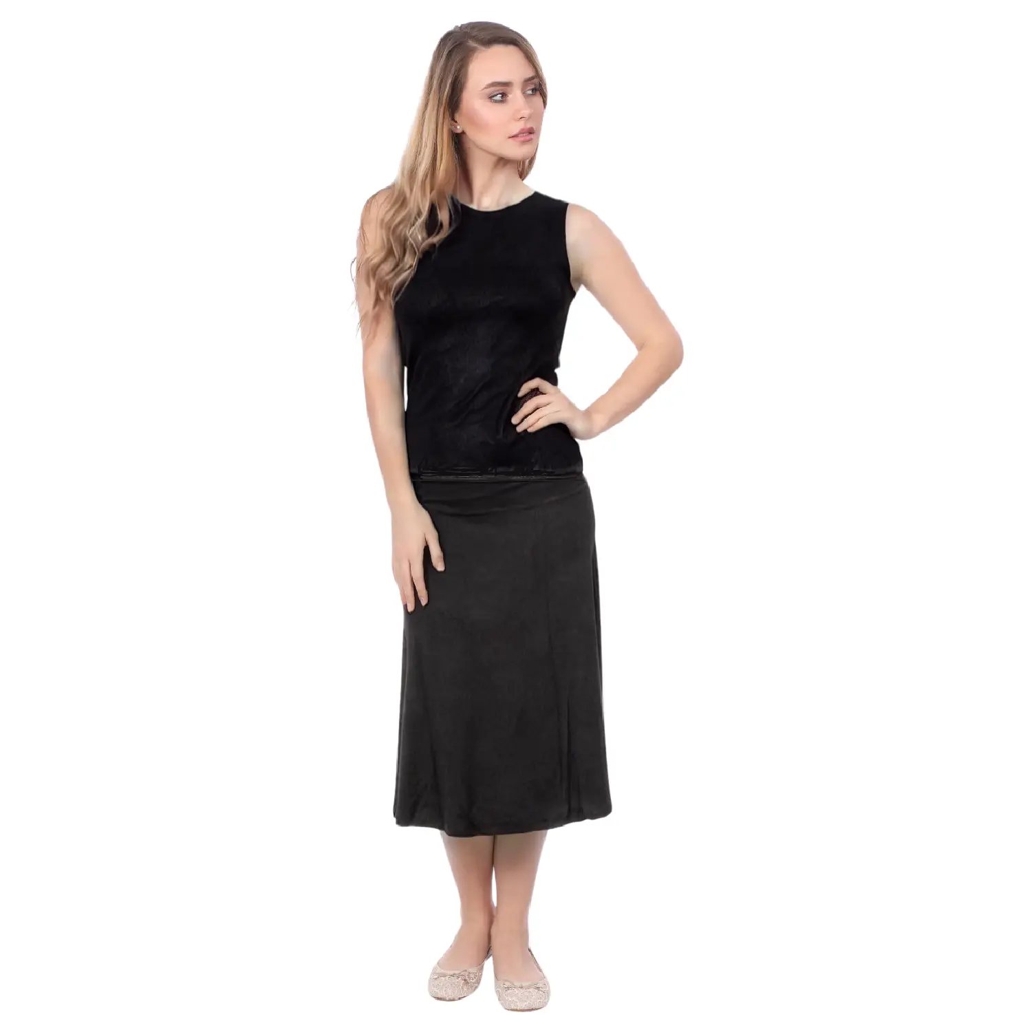 Women's Sleek A-Line Basic Casual Midi Skirt - Adjustable Waist, Fold-Over Waistband, Lightweight Fabric, Minimalist