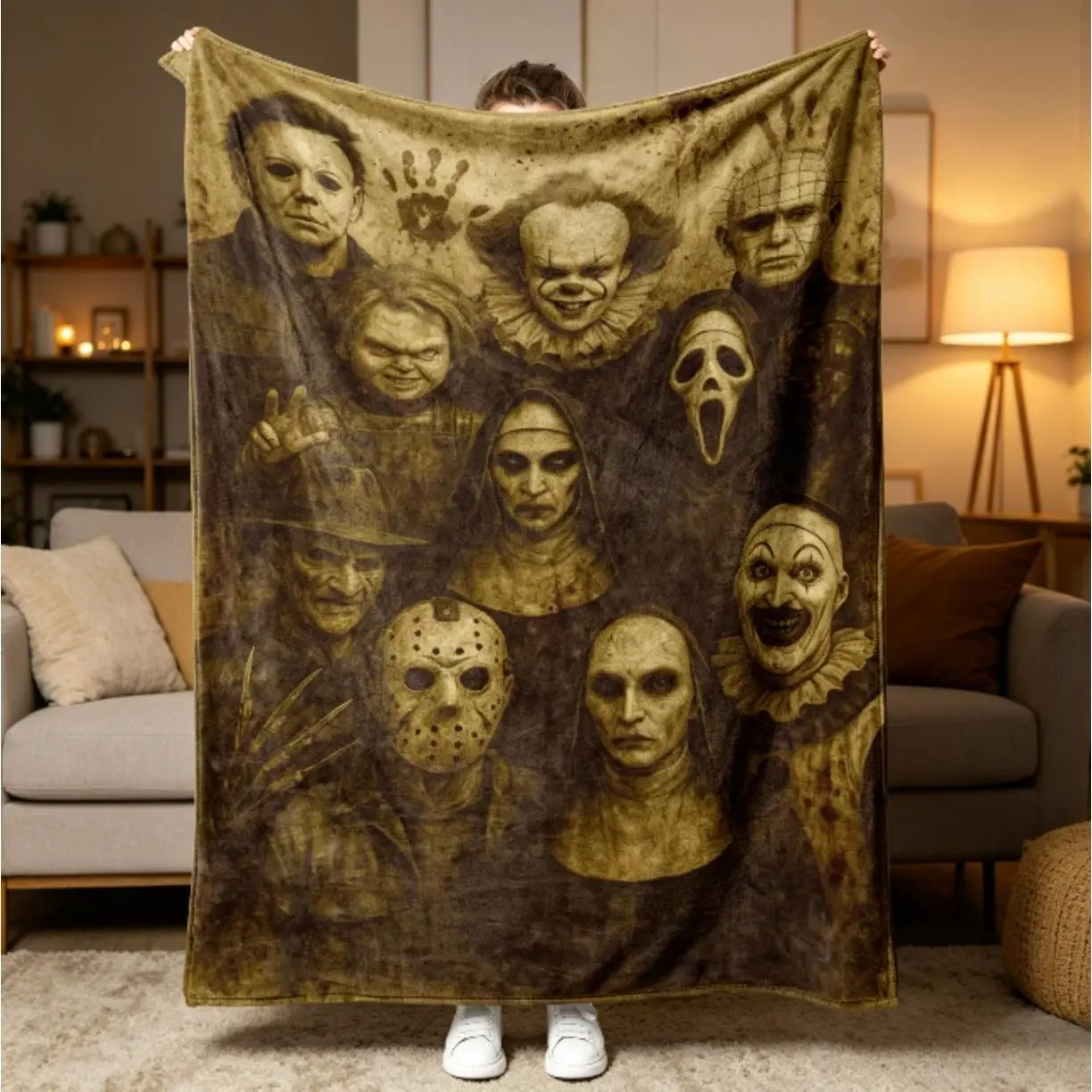 Horror Characters Family Photo Flannel Blanket for Kids & Adults, Funny Horror Movie Icons Cozy Throw Blanket, Ultra Soft Plush Fleece Blanket for Sofa Bed Bedroom Dorm Travel Decor, Halloween Birthday Christmas Holiday Fan Gift