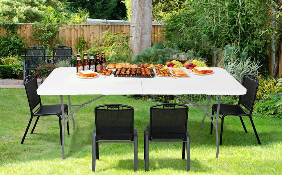 WGCTEK 6FT Plastic Folding Table, Portable Picnic Table Indoor Outdoor, for Camping, Party, Wedding,Picnic, with Lock, Handle - White