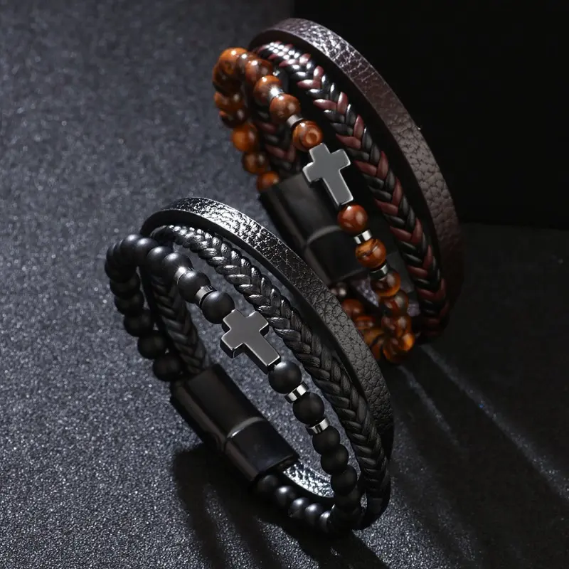Men's Vintage Style Braided Leather Bracelet - Cross Pendant, Multilayer Natural Stone, Magnetic Clasp Closure, Inspirational Energy Fashion Accessory, Natural Stones, Bracelets For Women, Magnetic Close, Bracelet Wristband, Birthday Gifts For Him