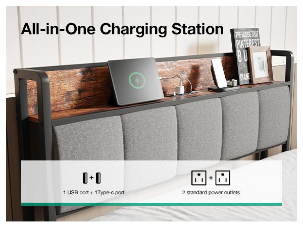 Novilla  Bed Frame with Charging Station USB/Type-C & Storage Headboard, Modern Metal Platform Bed Frame, Easy Assembly, Heavy Duty Slats Support, Noise Free, No Box Spring Needed，Twin/Full/Queen/King Size