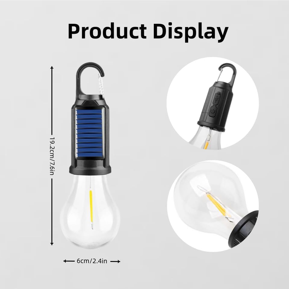 Solar LED Camping Lights with Hook – Type-C Rechargeable, IPX4 Waterproof, 3 Lighting Modes (High/Low/Strobe), 18650 Lithium Battery, Solar-Powered, Sleek Design– Portable, Durable Tent Lights for Hiking,Backpacking,Adventures,Hurricane Emergency Lighting