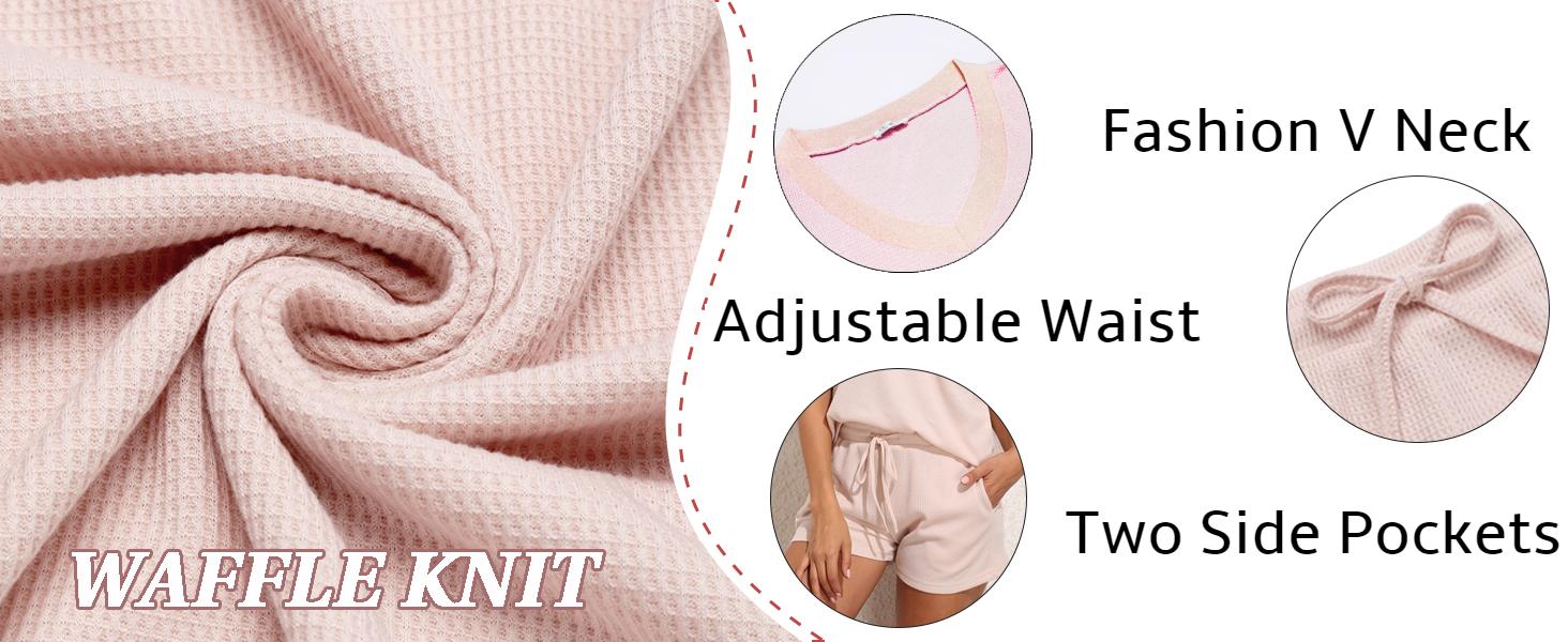 Womens Short Sleeve Waffle Knit Oversized  Sets V Neck Off Shoulder Wear Casual Sweatsuit Loose Outfits