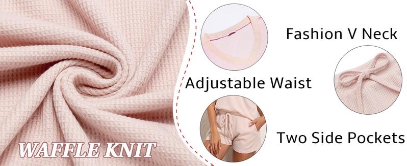 Womens Short Sleeve Waffle Knit Oversized  Sets V Neck Off Shoulder Wear Casual Sweatsuit Loose Outfits
