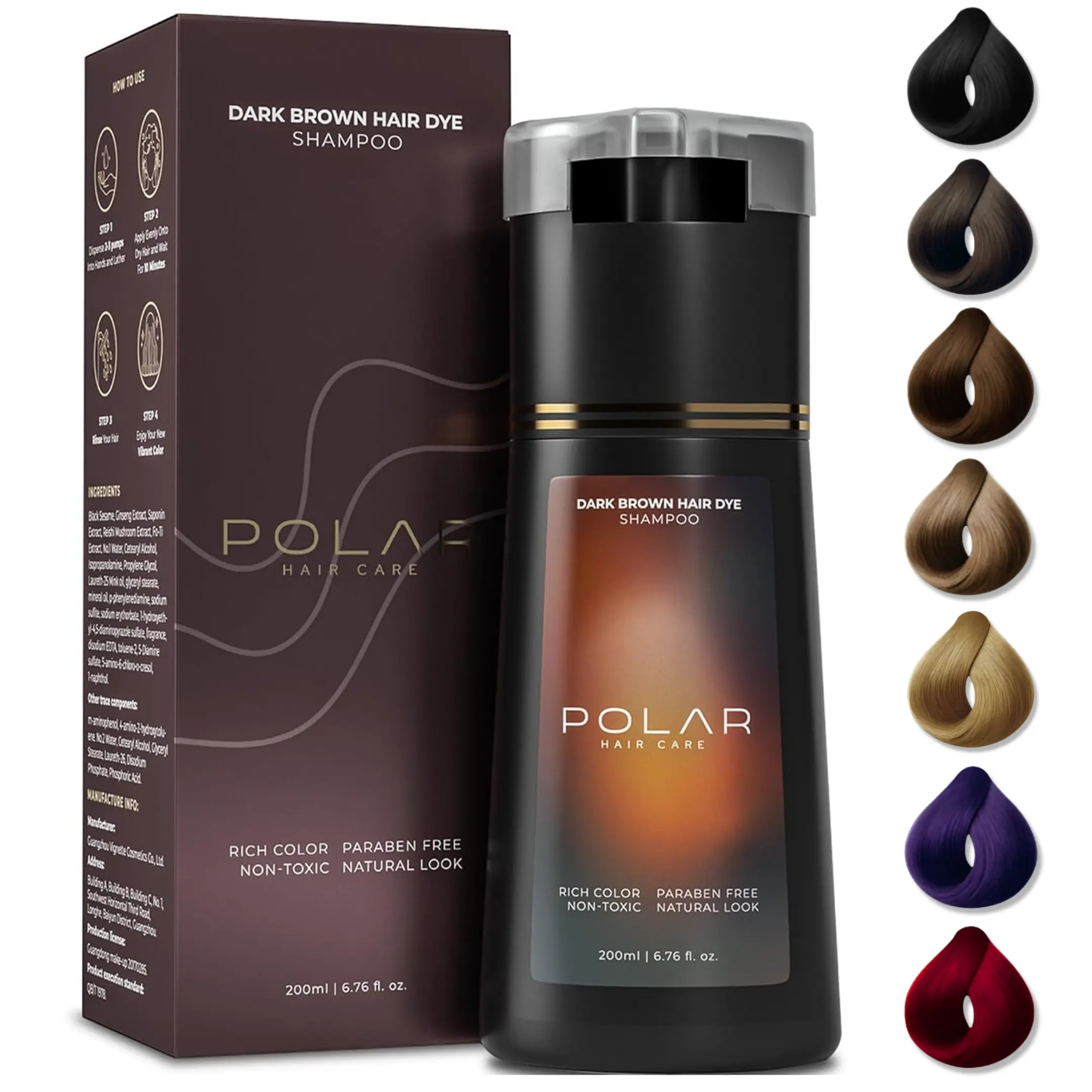 [OFFICIAL] Polar Hair Care Instant Color Dye Shampoo for Gray Coverage, Semi-Permanent Hair Color Shampoo for Women & Men, 10-Minute Application, 200 ml