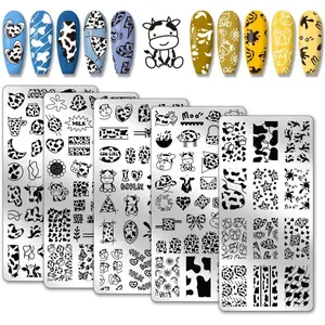 5pcs Cow-Theme Nail Stamping Plates Cute Animal Nail Art Templates Cow Spots Nail Art Stencils Nail Image Plates Leopard Print Nail Stamp for Women Nail Design Manicure Salon 4.7x2.3 Inch