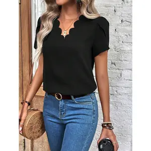 Clasi Scallop Trim Petal Sleeve Blouse,Short Sleeve Tops