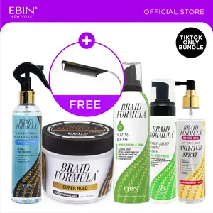 EBIN Braid Formula Conditioning Gel(Super Hold)+Braid Formula Setting Mousse(Olive Oil)+Dr. Feel Cool Anti-itch Spray(Watermelon Mint)+Tension Relief Foaming Lotion(Tea tree+Aloe)+Braid Formula Releasing Spray(Biotin) Bundle with FREE Pintail Curved Comb