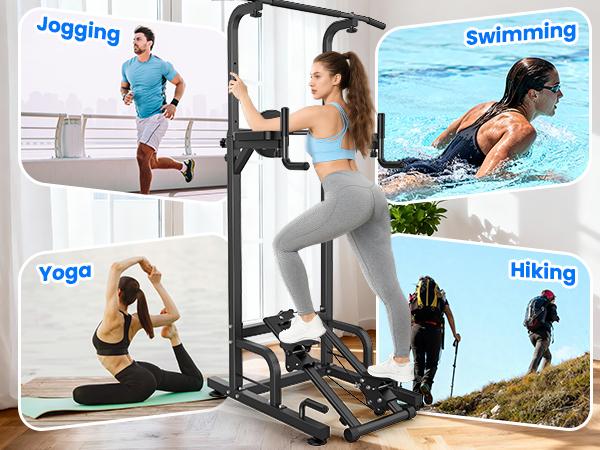 Relife Sports Power Tower Dip Station Pull Up Bar for Fitness Home Gym Workout,Multi-Function Adjustable Height Fitness Strength Training Exercise Equipment,with Stair Stepper