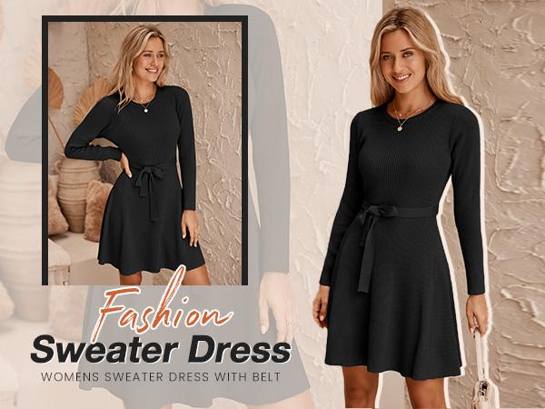 Women's Long Sleeve Dress Crewneck Pullover Sweaters A-Line Casual Swing Dress Bodycon Dress with Belt Thick Suitable for Fall and Winter