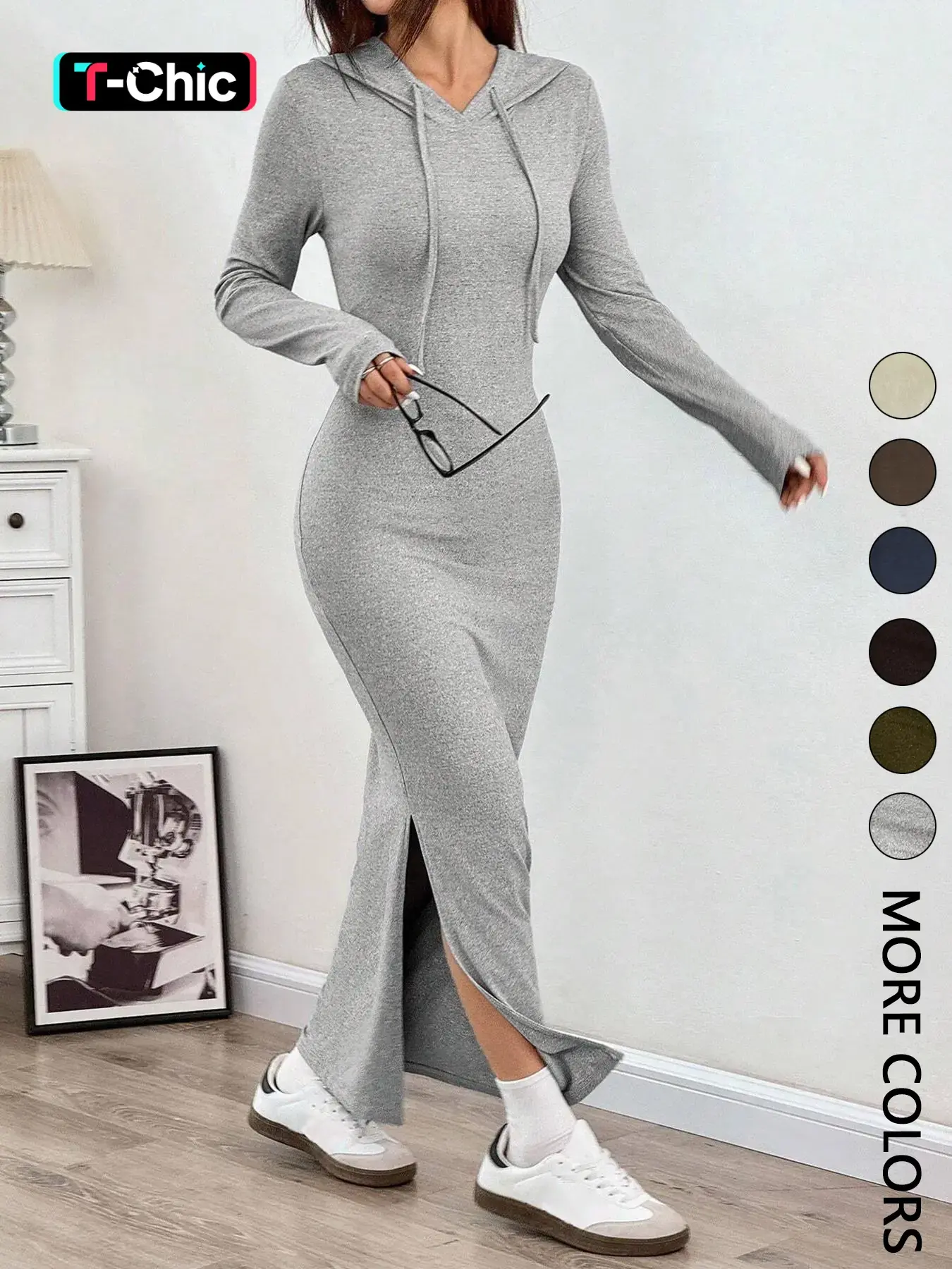 Women's Hooded Slim-Fit Long-Sleeve Bodycon Knitted Dress with Adjustable Drawstring, Ladies' Casual Fall and Winter Fashion Dress for Daily Wear Womenswear