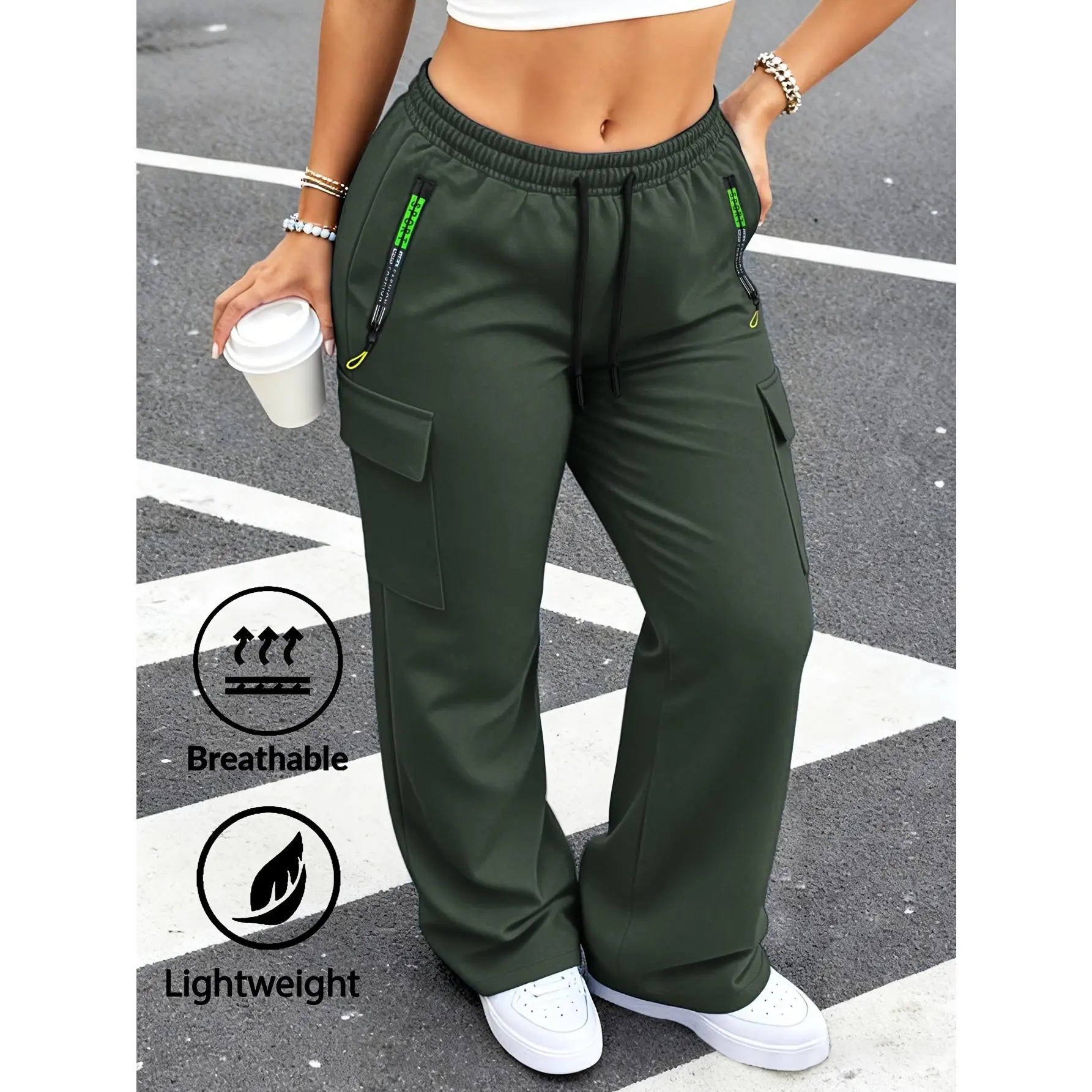 Lady's Lightweight Breathable Comfortable Activewear Sportswear Bottoms - Elastic Waist, Drawstring, Zipped Pockets, Multi-Pocket Design, Ideal for Spring Summer Outdoor Activities, Hiking