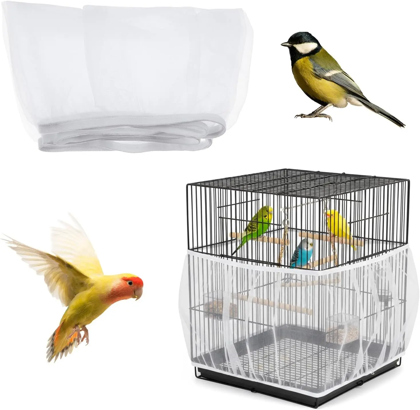 XL Bird Cage Veil - Polyester Mesh Seed Catcher, Breathable Net Cover, Adjustable Elastic Liner with Double Door Fit, Collapsible, Pockets, Keeps Floors Seed-Free After Feeding, Easy Storage for Parrot Owners