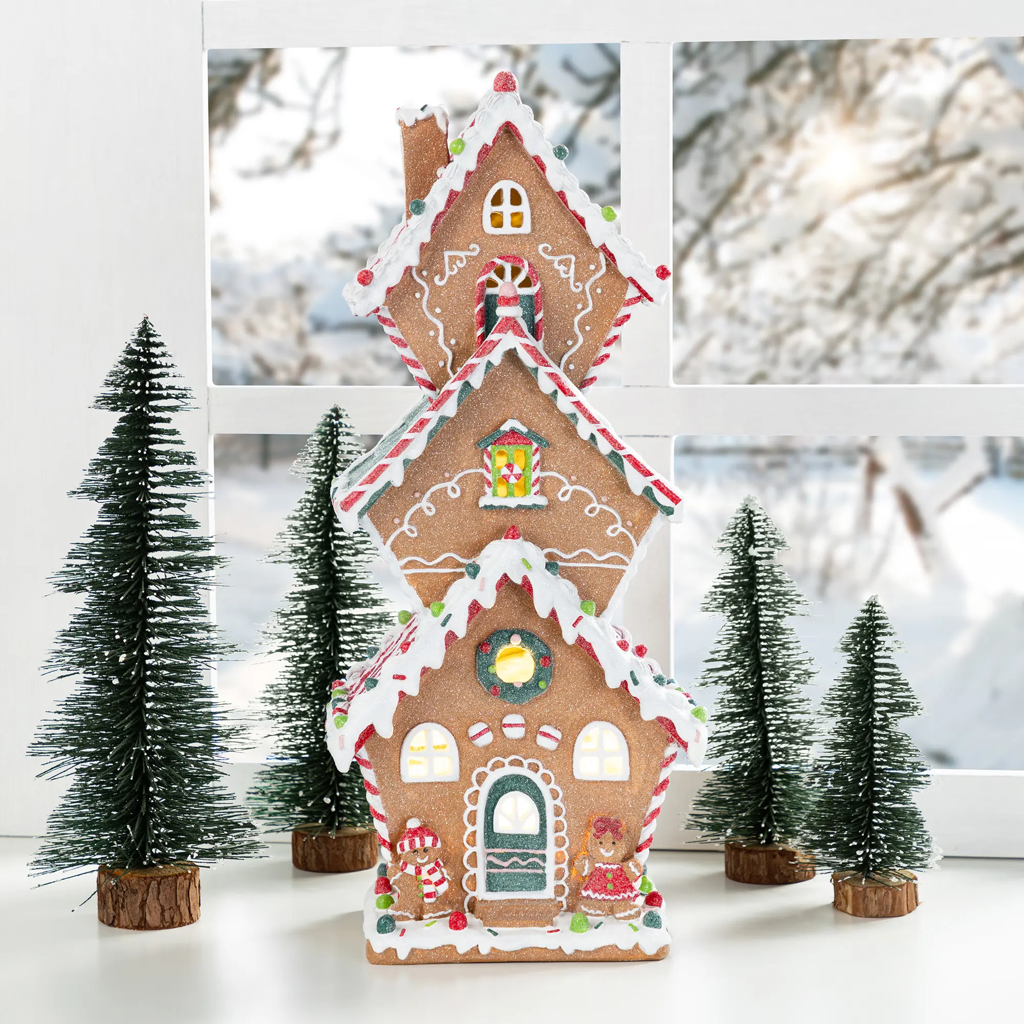 Glitzhome 18.5"H Durable LED Lighted Resin Modern Candy Holiday Gingerbread House Indoor Tabletop Decor - Handmade, Hand Painted, Timer Function, Irregular Design, Battery-Operated, Warm Atmosphere Led Lights, Fits Table/Shelf, Christmas