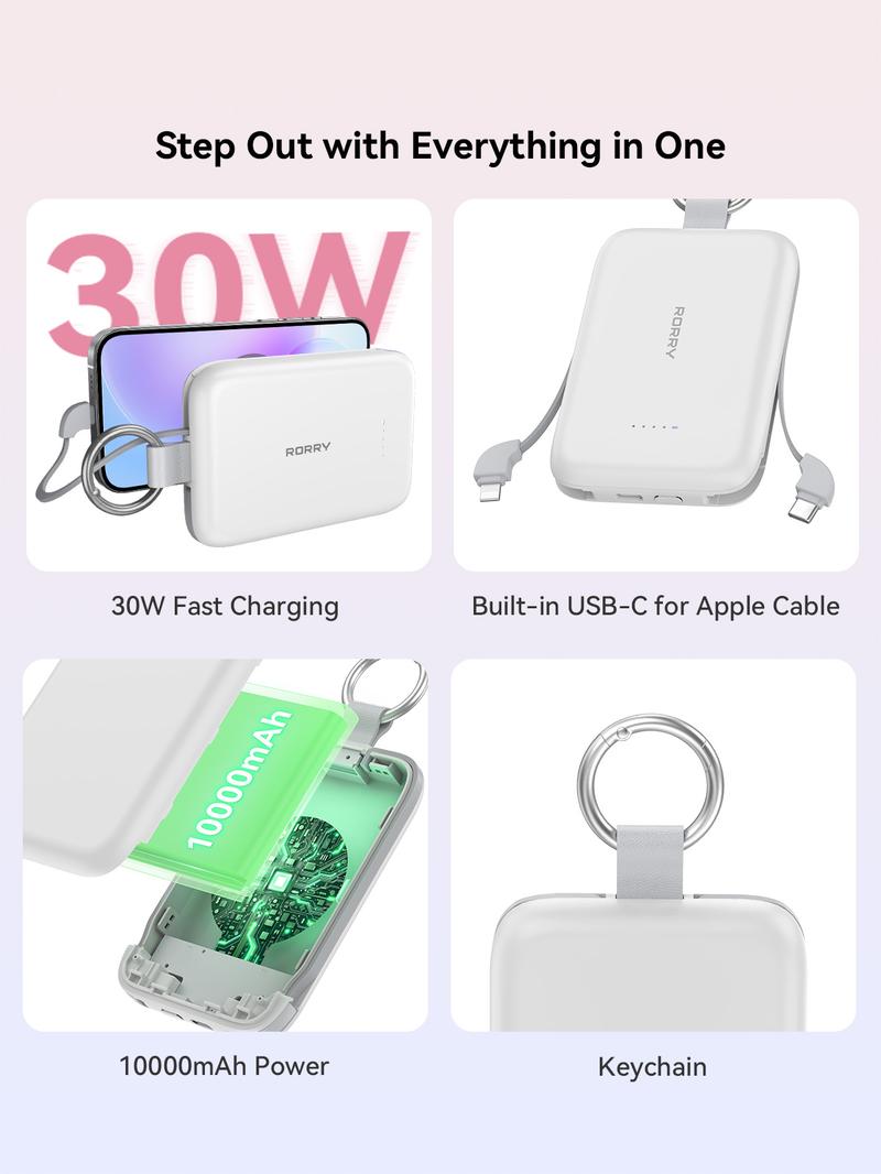 RORRY 10000mAh Portable Charger 30W Fast Charging Power Bank with Built-in Type-C & Lighting Cables Travel Keychain Battery Pack for iPhone 17-12 AirPods Android iPad Switch Lightweight Compact Multi Device Charging   valentinesdaygiftideas
