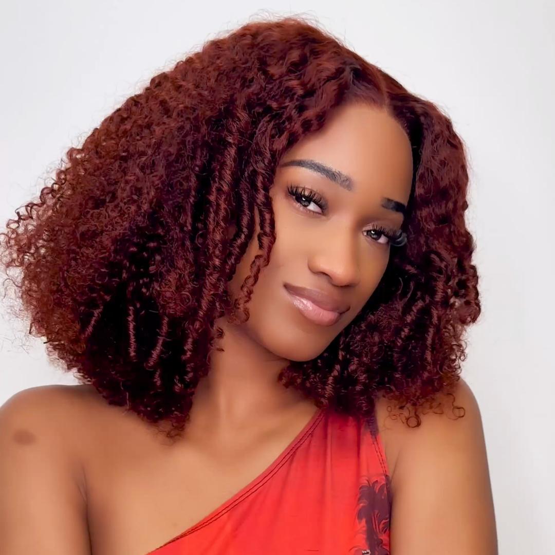 UNice 250% Density Reddish Brown Fluffy Layer Burmese Curly Wig No Slip Glueless Pre-cut 7x5 HD Lace Closure Human Hair Wigs with Layer Finger Coil Ends 16 Inch Beginners Friendly Natural Looking #SpringStatements