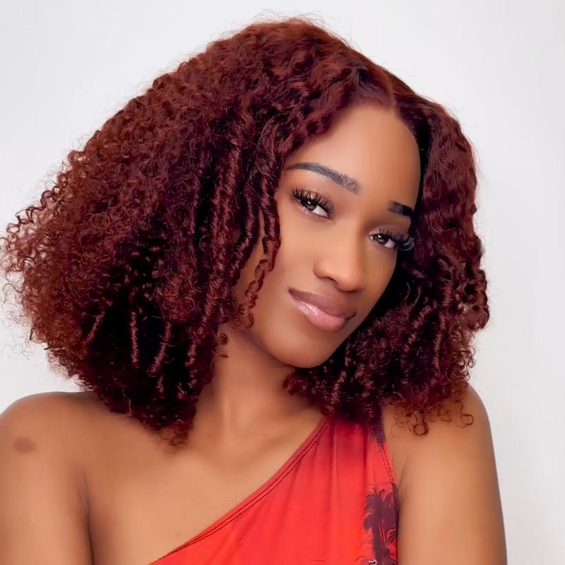 UNice 250% Density Reddish Brown Fluffy Burmese Curly Wig No Slip Glueless Pre-cut 7x5 HD Lace Closure Human Hair Wigs with Layer Finger Coil Ends 16 Inch Beginners Friendly Natural Looking