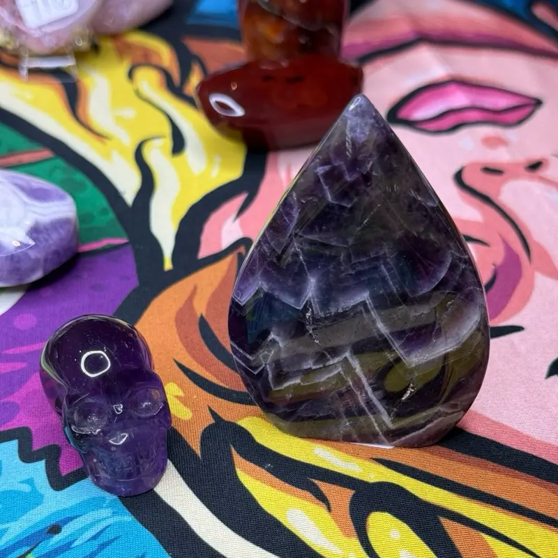 Polished Dream Amethyst Crystal Set - Banded Chevron Skull & Teardrop Stones for Restful Sleep, Meditation & Healing, Zigzag