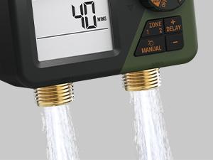 Diivoo Brass Sprinkler Timer 2 Zone, IP67 Waterproof Programmable Water Hose Timer 2 Outlet with Large Display, Rain Delay & Manual Watering for Outdoor Automatic Irrigation of Garden, Lawn, Yard