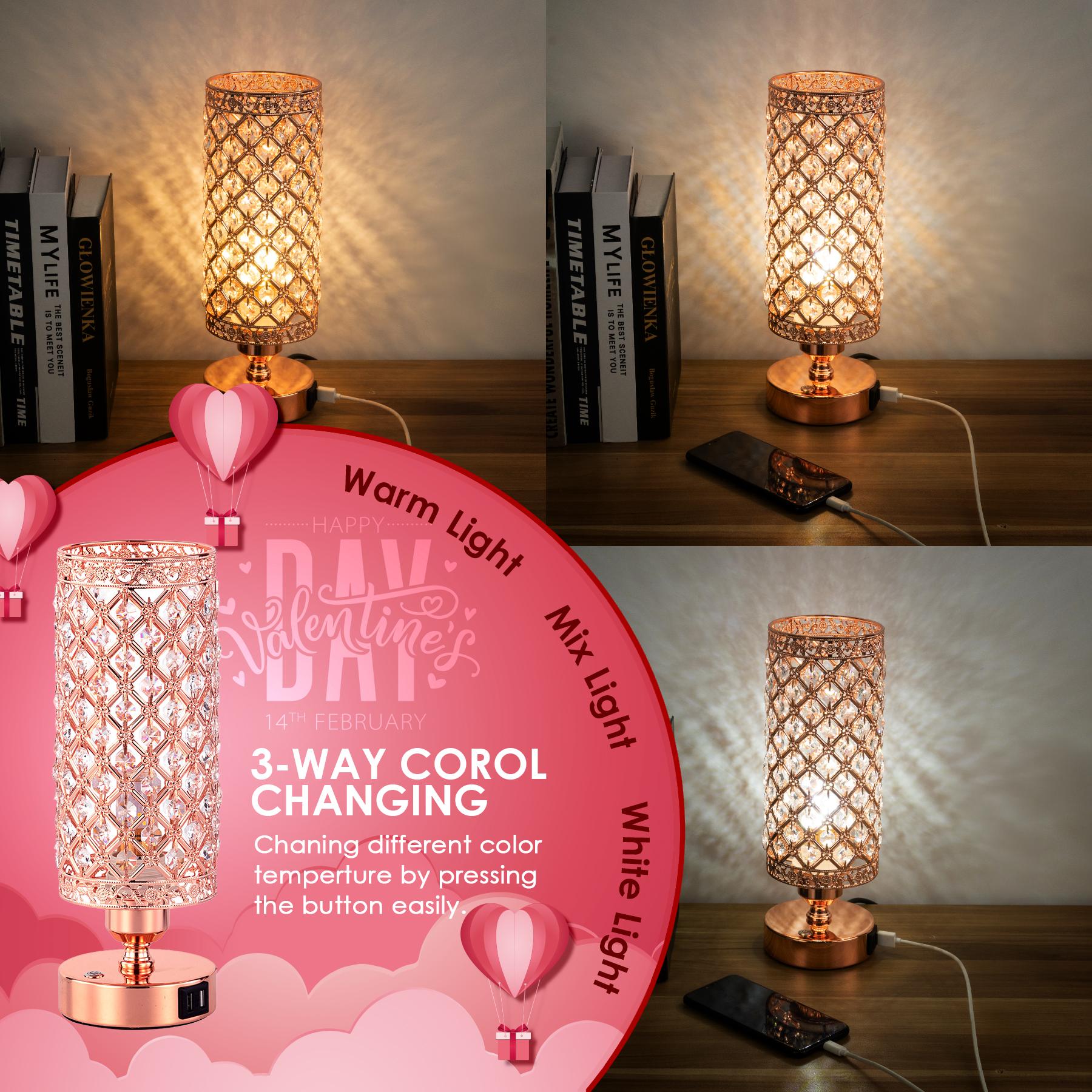 Yarra-Decor Crystal Bedside Black Table Lamp 3 Color Options Lamps for Bedroom Modern USB Nightstand Lamp with Black Chrome Crystal Shade Decorative Lamps for Living Room (LED Bulb Included) Lighting Christmas gifts Valentine's Day gifts