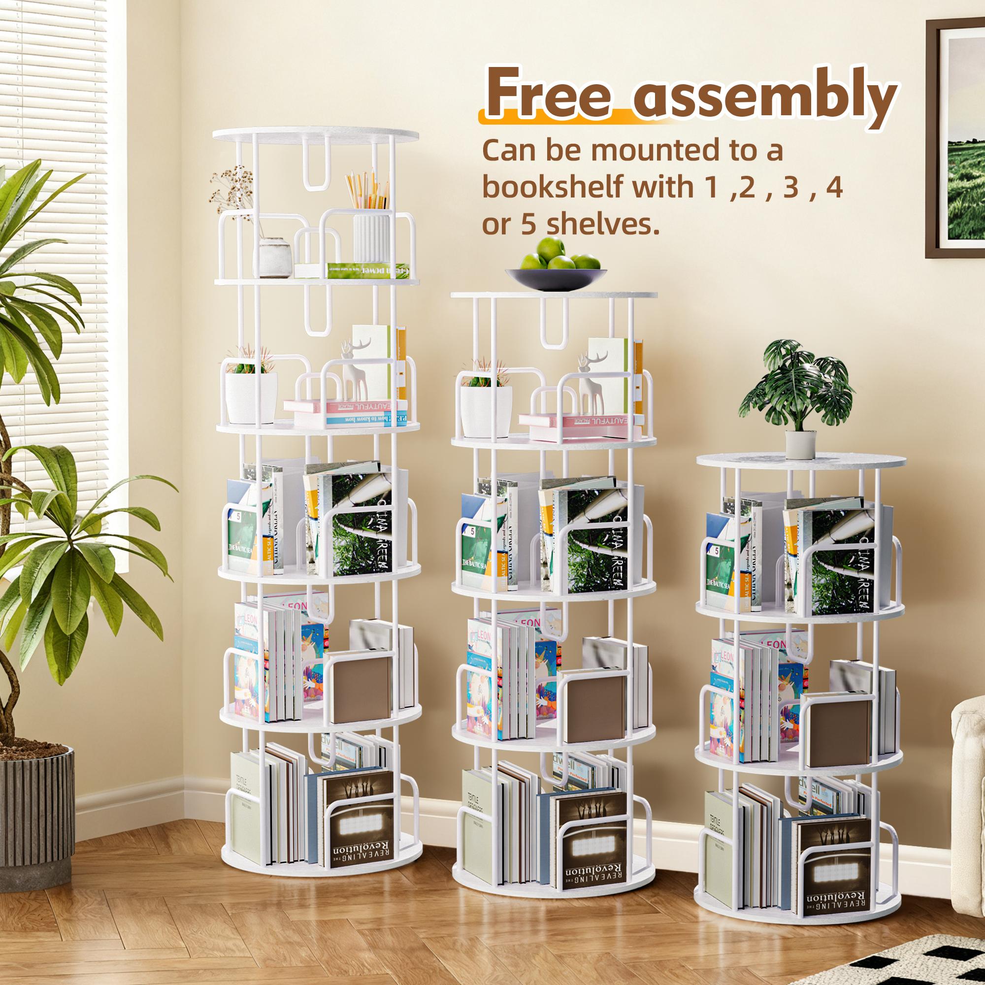 5 Tier Rotating Bookshelf, 360 ° Display Stackable Spinning Bookshelf Tower, Corner Bookshelf Tall Floor Standing Swivel Bookcase Narrow Storage Organizer for Bedroom, Living Room