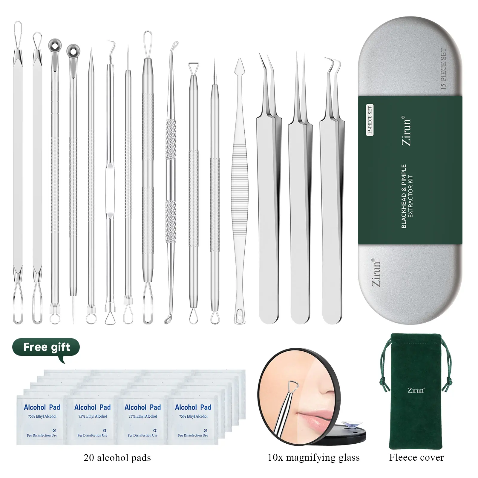 (zirun)15pcs Pimple Popper Tool Kit – Premium Blackhead Remover & Pore Extractor Set for Acne Blemishes, Facial Pore Cleansing, 401 Premium Professional Stainless Steel Acne Pimple Extractor with Metal Box