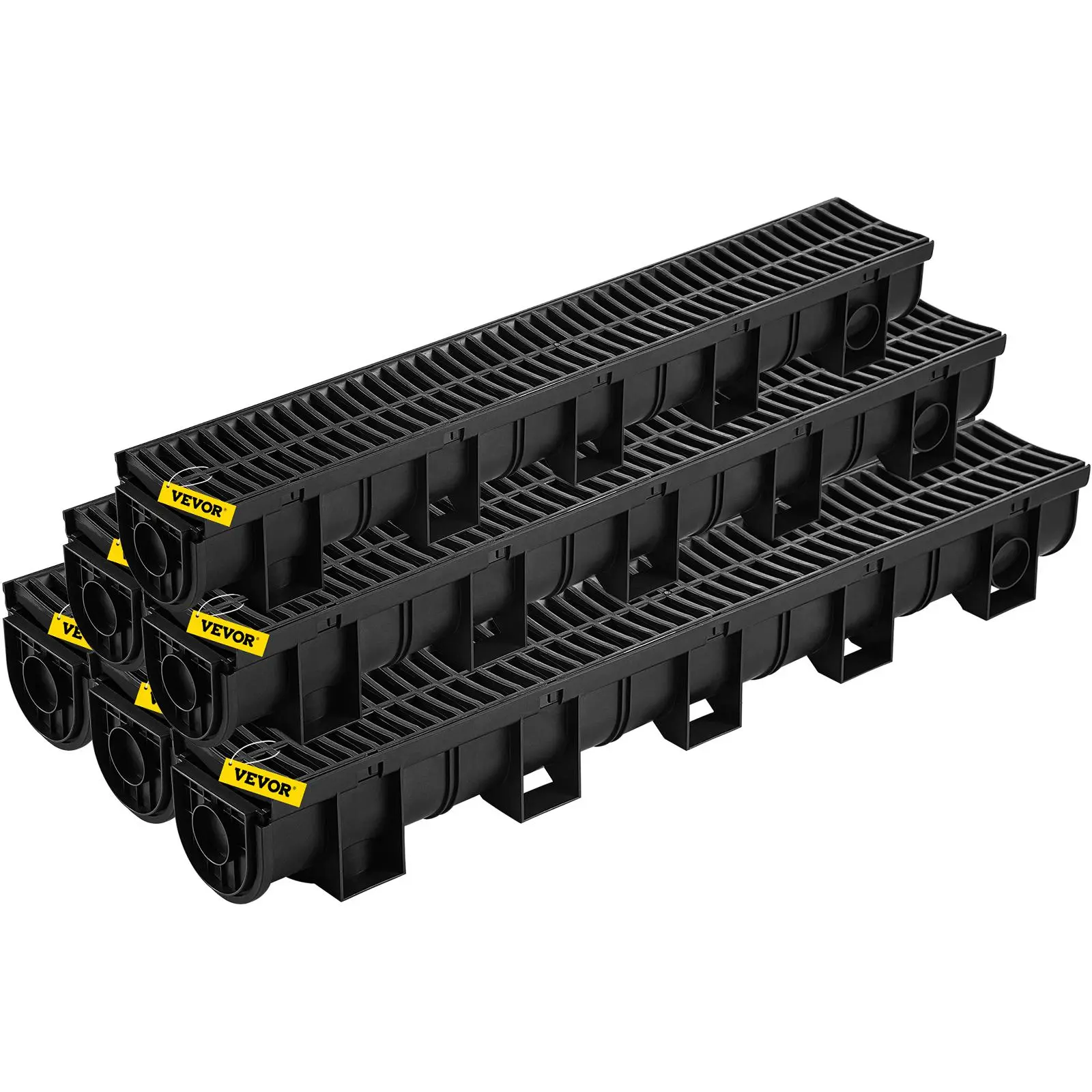 【Summerfinds】VEVOR Trench Drain System, Channel Drain with Plastic Grate, 5.9x5.1-Inch HDPE Drainage Trench, Black Plastic Garage Floor Drain, 6x39 Trench Drain Grate, with 6 End Caps, for Garden, Driveway-6 Pack