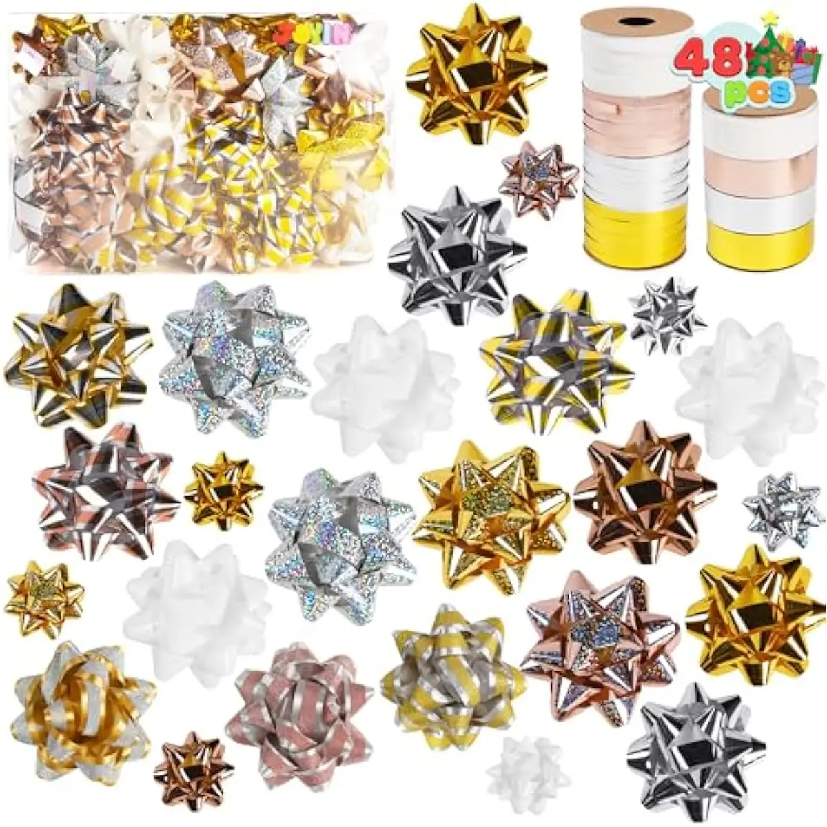 46PCS Christmas Bows and 2 Rolls of Ribbon Assortment, Multi-Colored Size Assort Self Adhesive Gift Bows and Curling Ribbons for Gift Wrapping, Birthday Wedding Xmas Presents Decoration