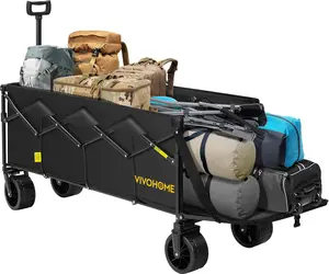 VIVOHOME 48''L Extended Collapsible Wagon Cart with 440lbs Weight Capacity, Heavy Duty 350L Folding Utility Garden Cart with Extended Tailgate and Big All-Terrain Beach Wheels