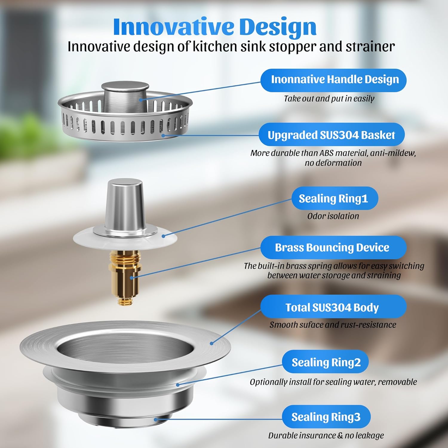 3 in 1 Kitchen Sink Drain Strainer, 304 Stainless Steel Pop Up Sink Stopper, Anti-Clogging Basket Odor Filter Sink Drain Cover Plug for US Standard Kitchen Drain