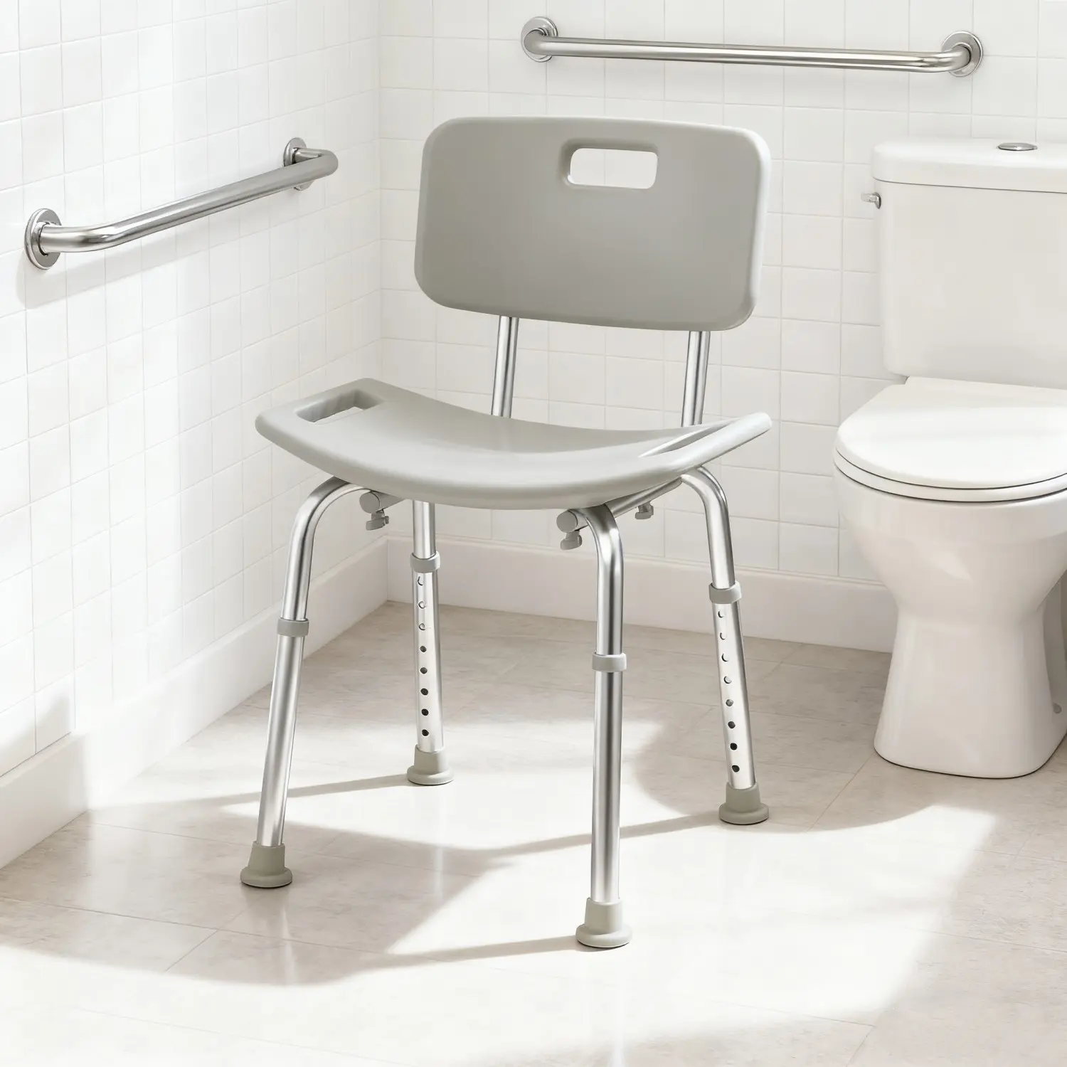 Supportive Grey Metal Shower Chair - User-Friendly Accessibility Aid for Seniors, Stable Multifunctional Stool for Home Bathroom Shower-Transfer Needs